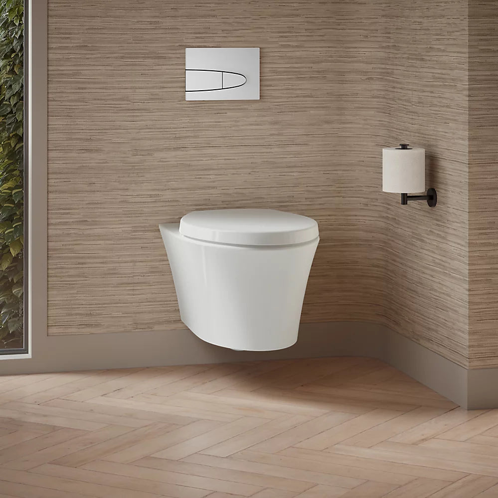 Toilette VEIL allongée et compacte, au mur, à chasse double
